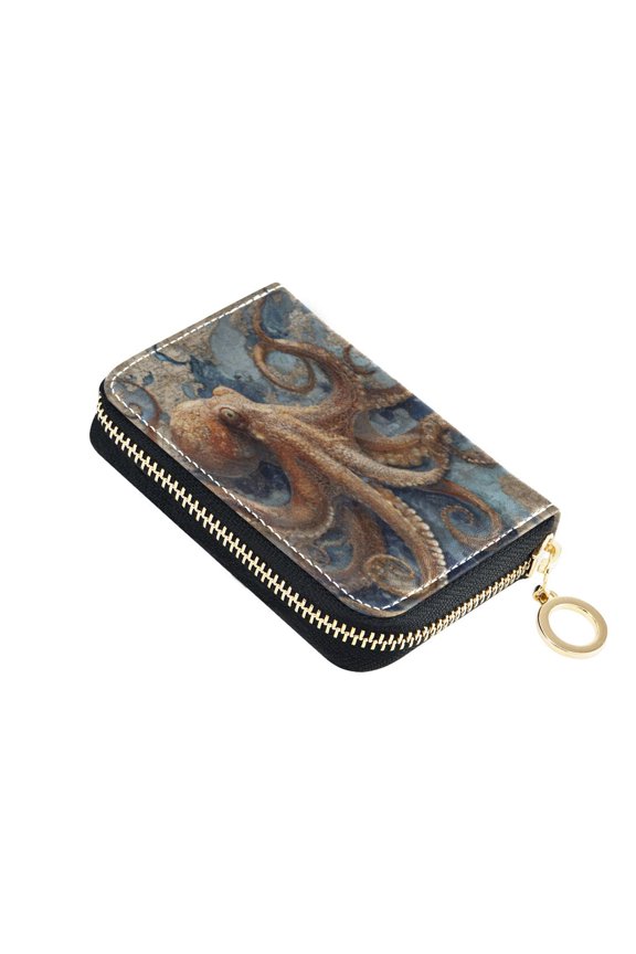 Leather Card Holder Wallet with Zipper RFID Blocking 9 Card Slots 2 Coin Pockets Compact Pocket Size Deep Sea Octopus