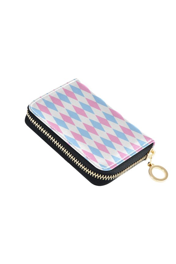 Leather Card Holder Wallet with Zipper RFID Blocking 9 Card Slots 2 Coin Pockets Compact Pocket Size Diamond Checkered