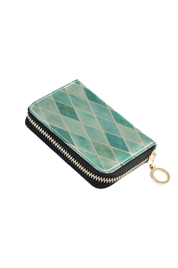 Leather Card Holder Wallet with Zipper RFID Blocking 9 Card Slots 2 Coin Pockets Compact Pocket Size Diamond Grid Pattern