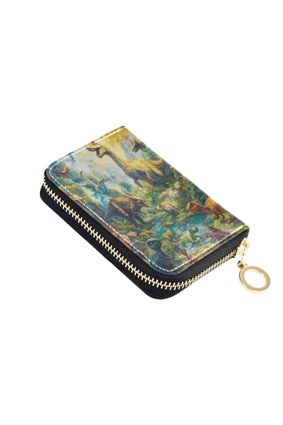 Leather Card Holder Wallet with Zipper RFID Blocking 9 Card Slots 2 Coin Pockets Compact Pocket Size Dinosaurs Time