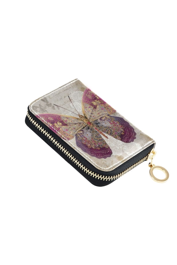 Leather Card Holder Wallet with Zipper RFID Blocking 9 Card Slots 2 Coin Pockets Compact Pocket Size Dreamy Butterfly