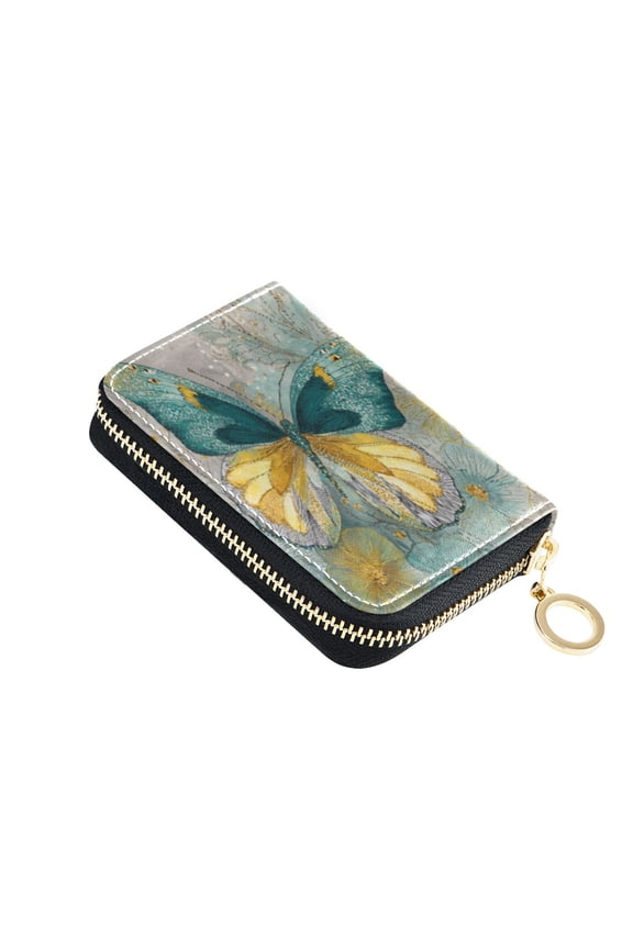 Leather Card Holder Wallet with Zipper RFID Blocking 9 Card Slots 2 Coin Pockets Compact Pocket Size Emerald Butterfly