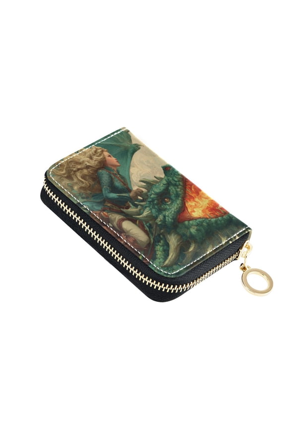 Leather Card Holder Wallet with Zipper RFID Blocking 9 Card Slots 2 Coin Pockets Compact Pocket Size Emerald Dragon