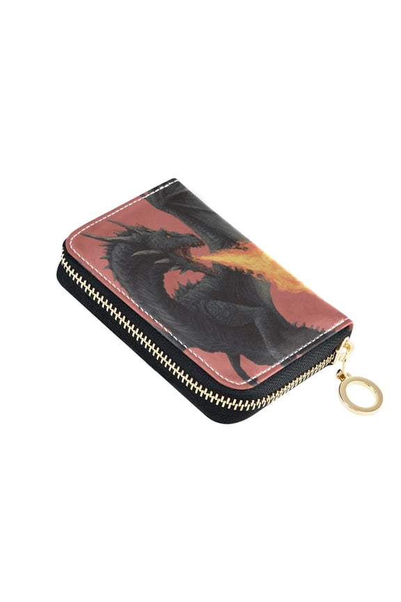 Leather Card Holder Wallet with Zipper RFID Blocking 9 Card Slots 2 Coin Pockets Compact Pocket Size Fire Dragon