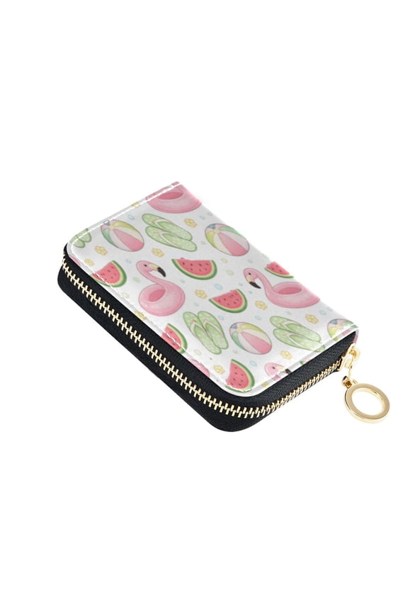 Leather Card Holder Wallet with Zipper RFID Blocking 9 Card Slots 2 Coin Pockets Compact Pocket Size Flamingo Swim Ring
