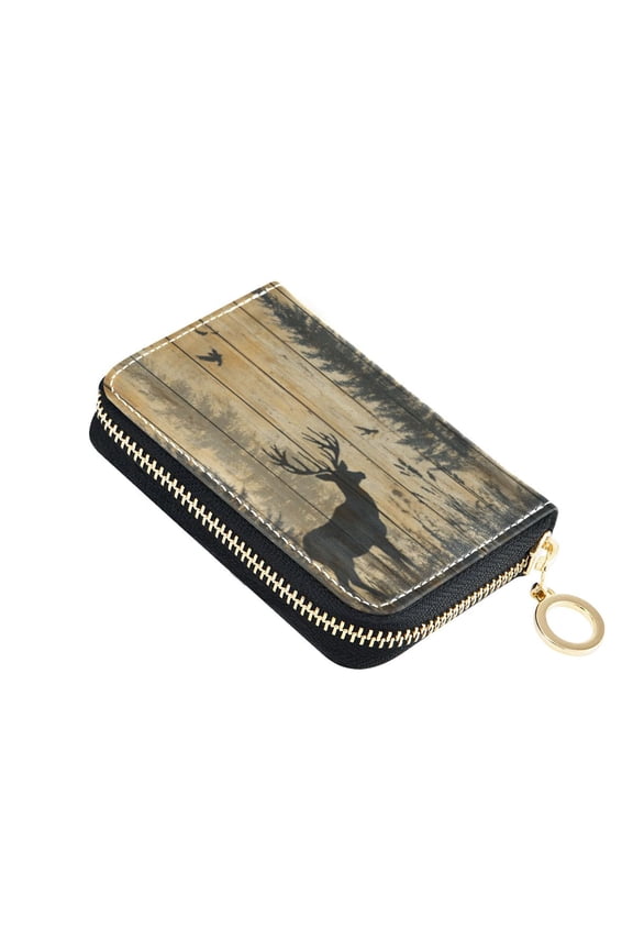 Leather Card Holder Wallet with Zipper RFID Blocking 9 Card Slots 2 Coin Pockets Compact Pocket Size Forest Deer Shadow