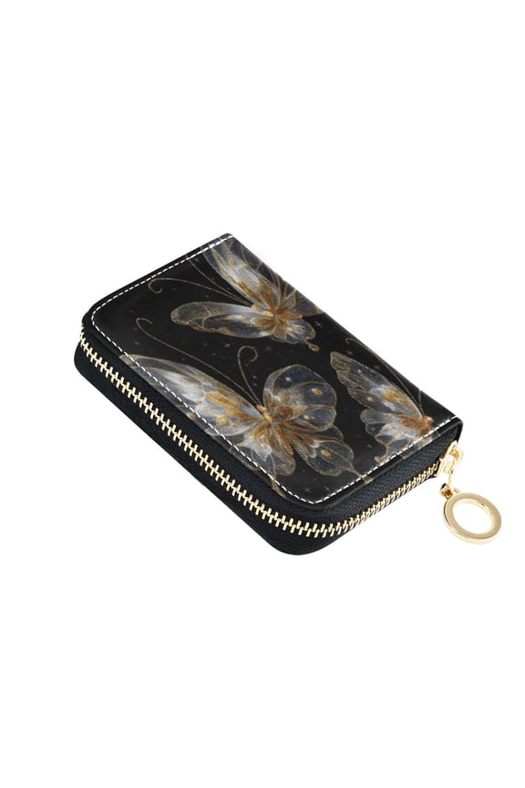 Leather Card Holder Wallet with Zipper RFID Blocking 9 Card Slots 2 Coin Pockets Compact Pocket Size Gold Transparent Butterfly