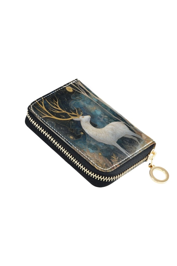 Leather Card Holder Wallet with Zipper RFID Blocking 9 Card Slots 2 Coin Pockets Compact Pocket Size Golden Antlered Deer