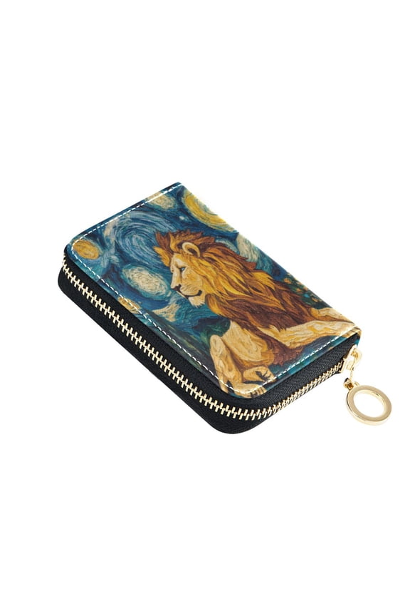 Leather Card Holder Wallet with Zipper RFID Blocking 9 Card Slots 2 Coin Pockets Compact Pocket Size Golden Lion King