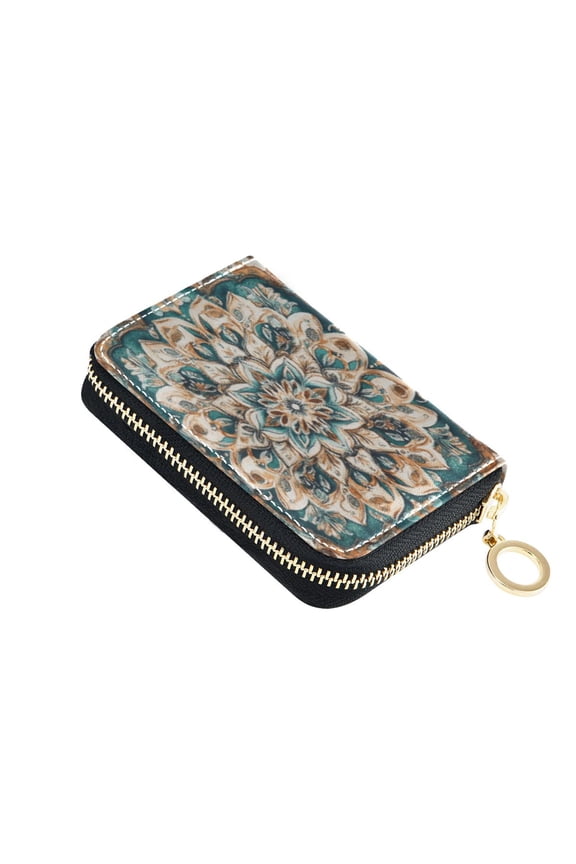 Leather Card Holder Wallet with Zipper RFID Blocking 9 Card Slots 2 Coin Pockets Compact Pocket Size Greenish Brown Boho Pattern