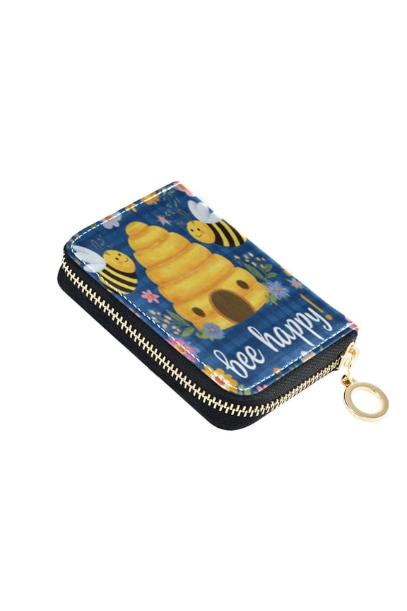 Leather Card Holder Wallet with Zipper RFID Blocking 9 Card Slots 2 Coin Pockets Compact Pocket Size Happy Bees