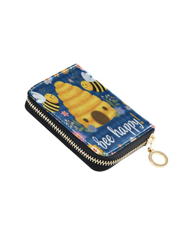 Leather Card Holder Wallet with Zipper RFID Blocking 9 Card Slots 2 Coin Pockets Compact Pocket Size Happy Bees