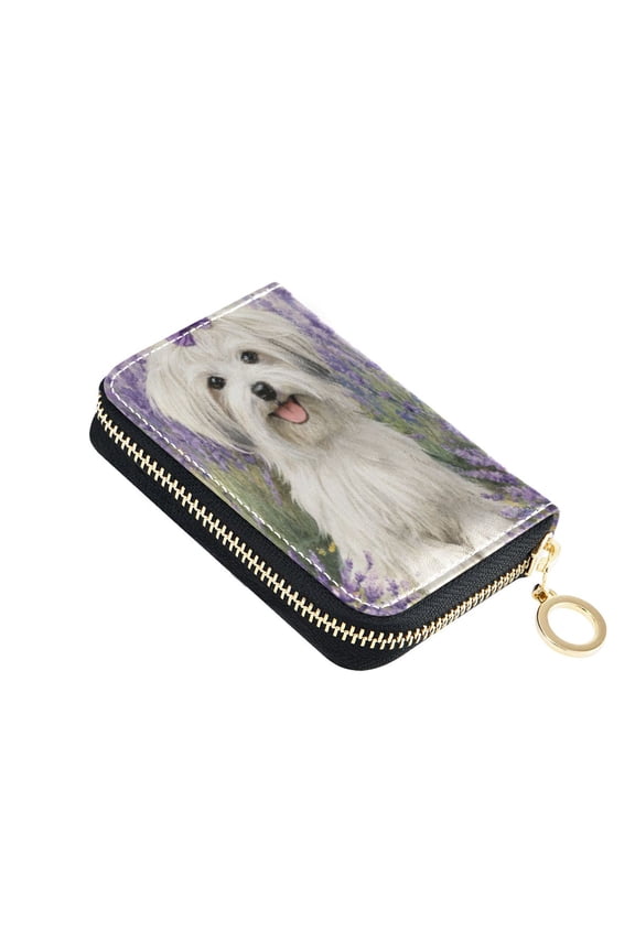 Leather Card Holder Wallet with Zipper RFID Blocking 9 Card Slots 2 Coin Pockets Compact Pocket Size Happy Havanese Dog