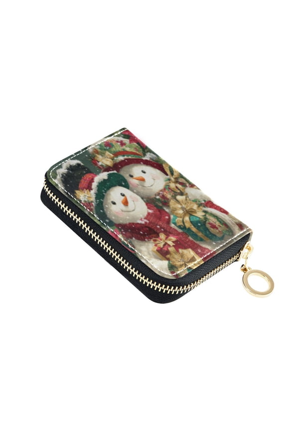 Leather Card Holder Wallet with Zipper RFID Blocking 9 Card Slots 2 Coin Pockets Compact Pocket Size Happy Snowman