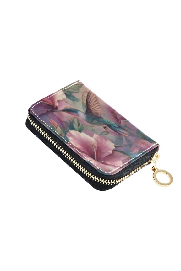 Leather Card Holder Wallet with Zipper RFID Blocking 9 Card Slots 2 Coin Pockets Compact Pocket Size Hibiscus Hummingbird