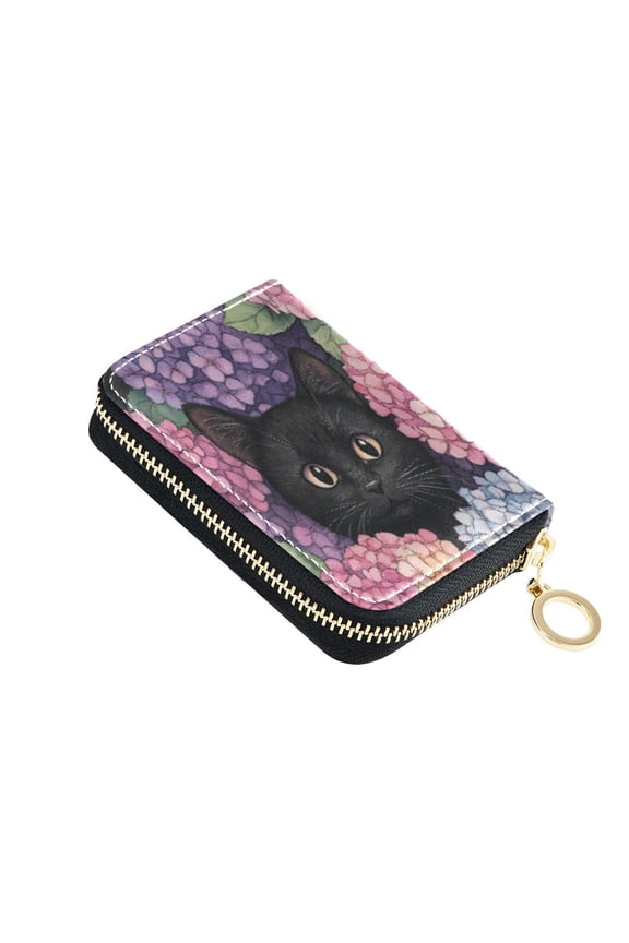 Leather Card Holder Wallet with Zipper RFID Blocking 9 Card Slots 2 Coin Pockets Compact Pocket Size Hydrangea Cat
