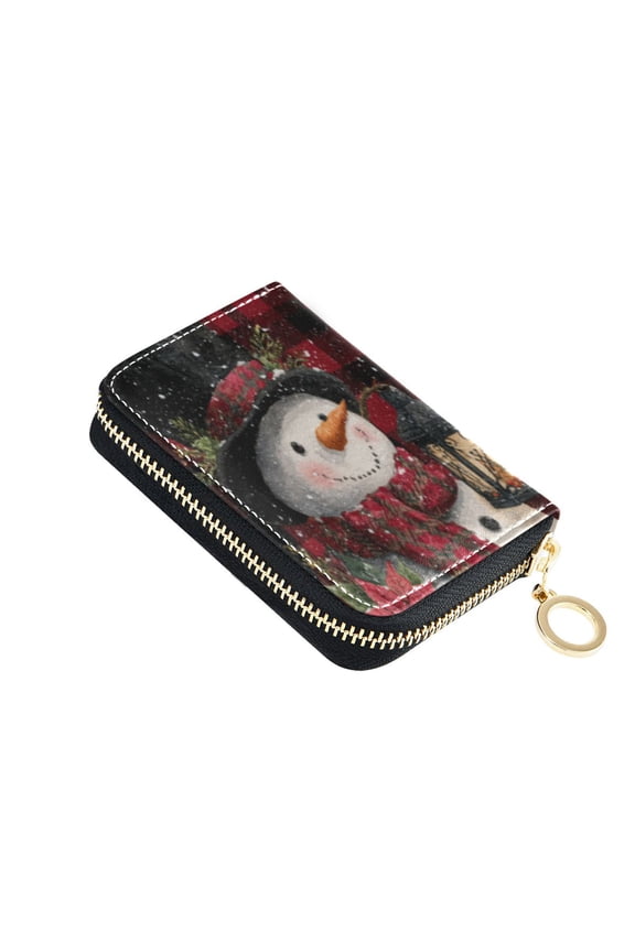 Leather Card Holder Wallet with Zipper RFID Blocking 9 Card Slots 2 Coin Pockets Compact Pocket Size Jovial Snowman