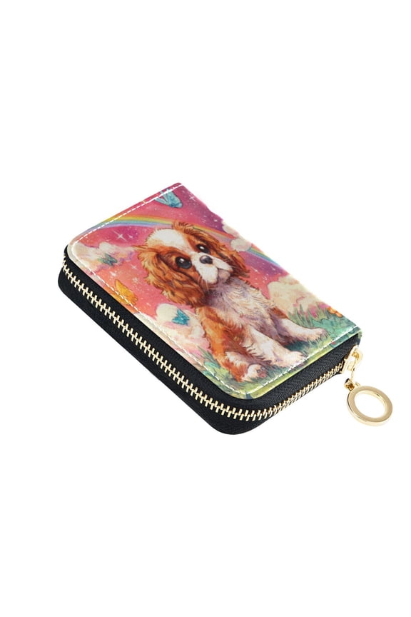 Leather Card Holder Wallet with Zipper RFID Blocking 9 Card Slots 2 Coin Pockets Compact Pocket Size King Charles Spaniel