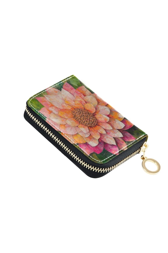Leather Card Holder Wallet with Zipper RFID Blocking 9 Card Slots 2 Coin Pockets Compact Pocket Size King Flower