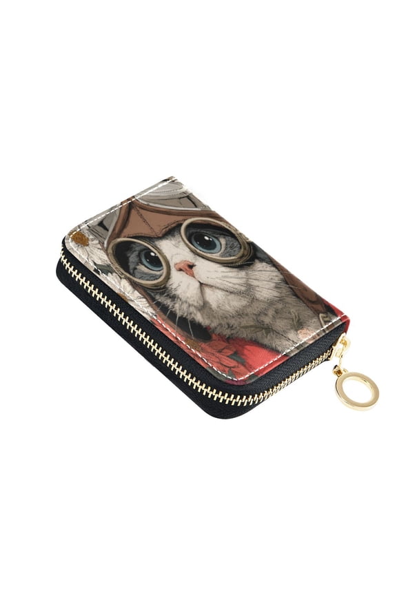Leather Card Holder Wallet with Zipper RFID Blocking 9 Card Slots 2 Coin Pockets Compact Pocket Size Kitten Pilot