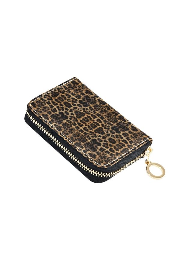 Leather Card Holder Wallet with Zipper RFID Blocking 9 Card Slots 2 Coin Pockets Compact Pocket Size Leopard Print