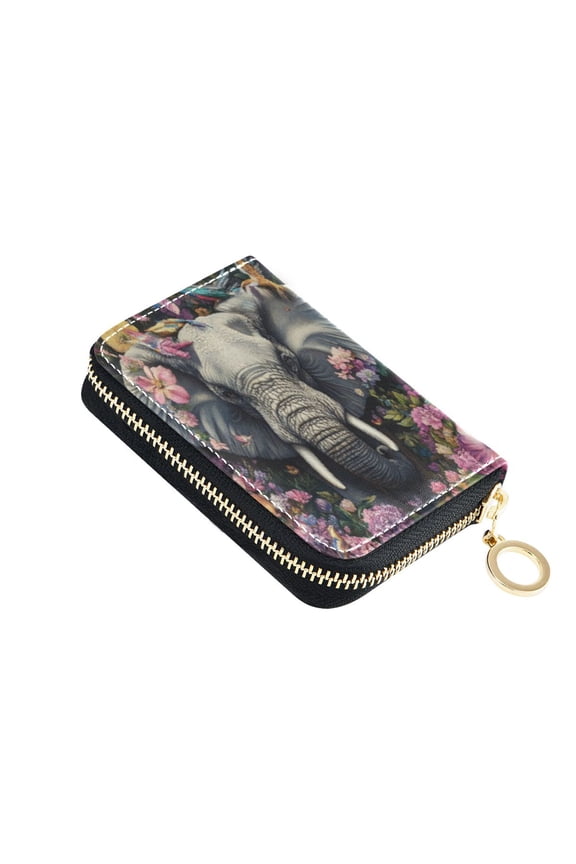 Leather Card Holder Wallet with Zipper RFID Blocking 9 Card Slots 2 Coin Pockets Compact Pocket Size Majestic Elephant