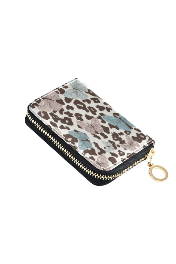 Leather Card Holder Wallet with Zipper RFID Blocking 9 Card Slots 2 Coin Pockets Compact Pocket Size Pastel Leopard Print