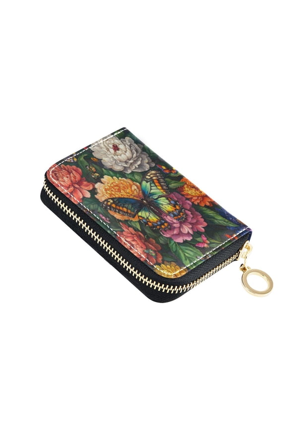 Leather Card Holder Wallet with Zipper RFID Blocking 9 Card Slots 2 Coin Pockets Compact Pocket Size Peony Butterfly Paintings