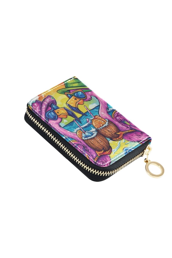 Leather Card Holder Wallet with Zipper RFID Blocking 9 Card Slots 2 Coin Pockets Compact Pocket Size Pink Cartoon Flamingos