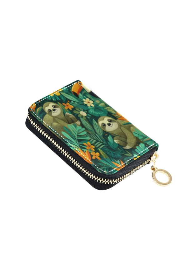 Leather Card Holder Wallet with Zipper RFID Blocking 9 Card Slots 2 Coin Pockets Compact Pocket Size Playful Sloths