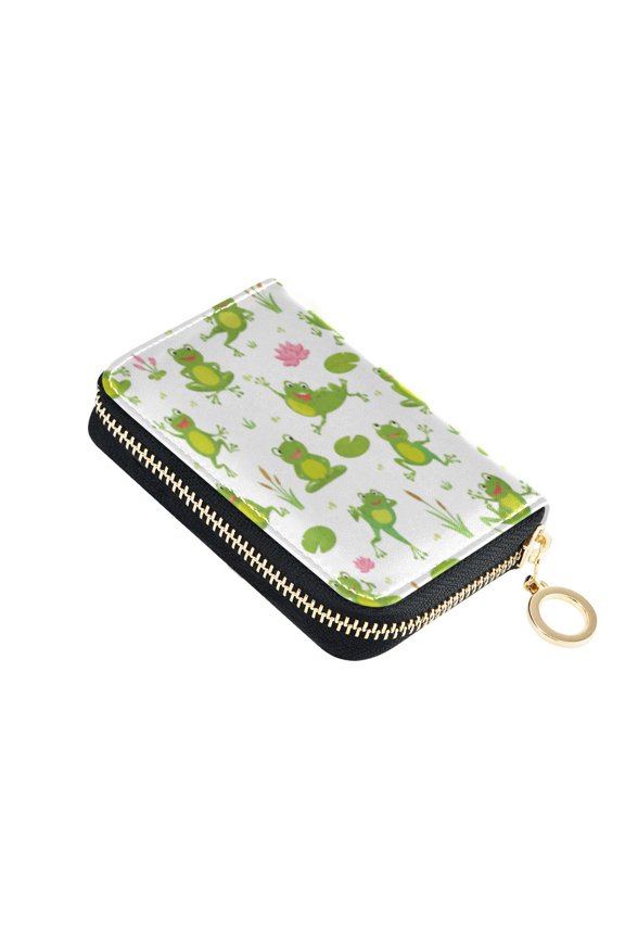 Leather Card Holder Wallet with Zipper RFID Blocking 9 Card Slots 2 Coin Pockets Compact Pocket Size Pond Life Frog Print