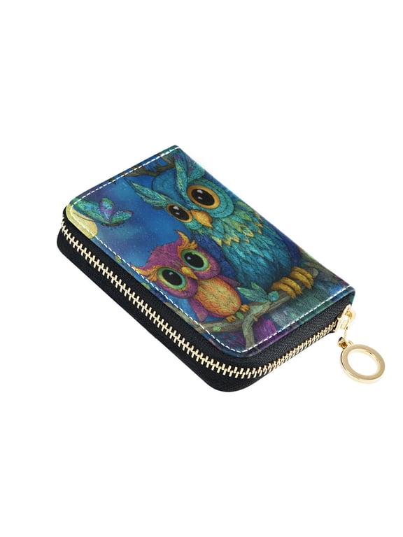 Leather Card Holder Wallet with Zipper RFID Blocking 9 Card Slots 2 Coin Pockets Compact Pocket Size Pretty Owl