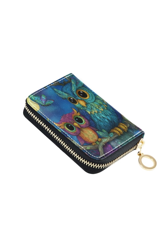 Leather Card Holder Wallet with Zipper RFID Blocking 9 Card Slots 2 Coin Pockets Compact Pocket Size Pretty Owl