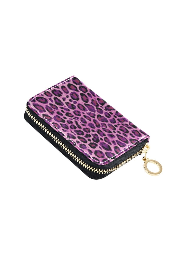 Leather Card Holder Wallet with Zipper RFID Blocking 9 Card Slots 2 Coin Pockets Compact Pocket Size Purple Leopard Print