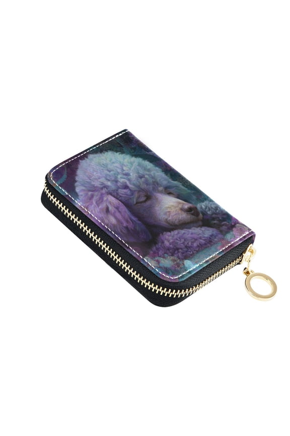 Leather Card Holder Wallet with Zipper RFID Blocking 9 Card Slots 2 Coin Pockets Compact Pocket Size Purple Poodle