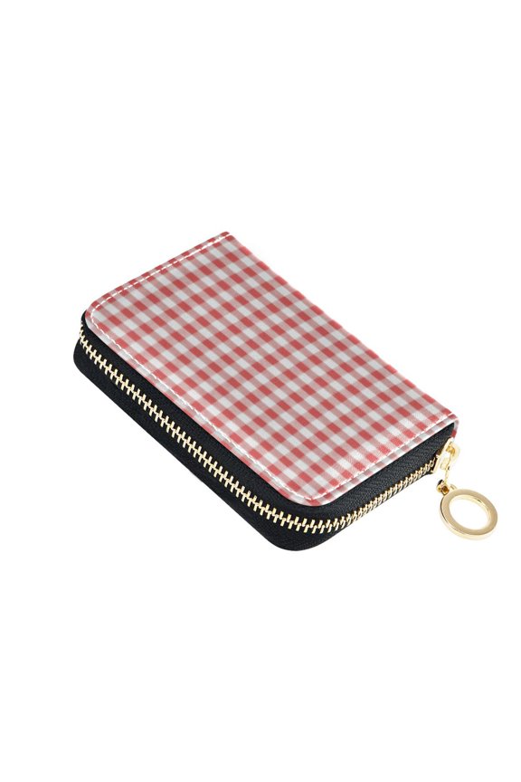 Leather Card Holder Wallet with Zipper RFID Blocking 9 Card Slots 2 Coin Pockets Compact Pocket Size Red Checkered