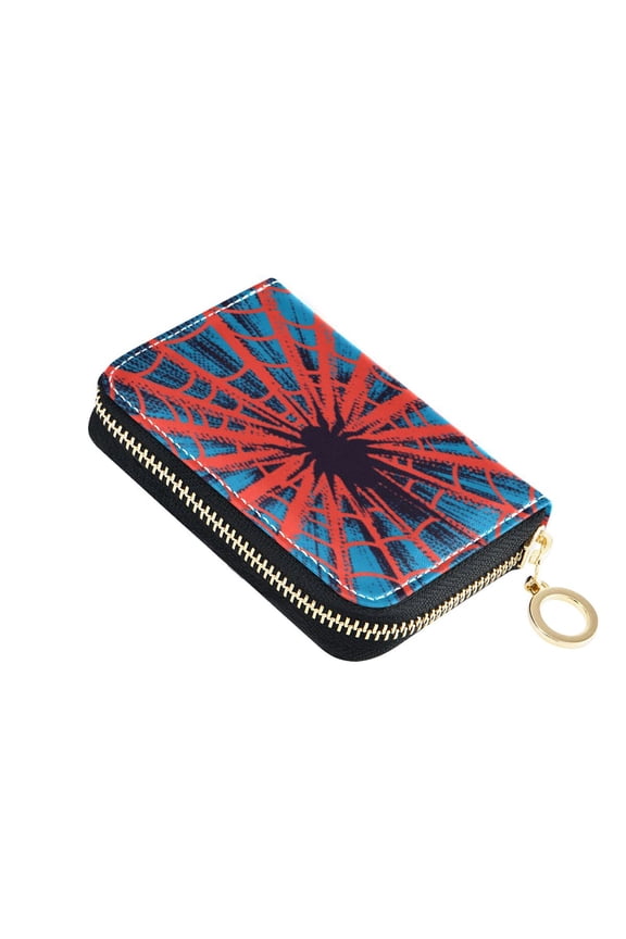 Leather Card Holder Wallet with Zipper RFID Blocking 9 Card Slots 2 Coin Pockets Compact Pocket Size Red Spiderweb