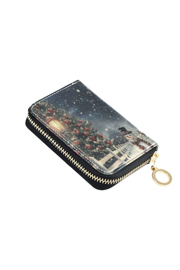 Leather Card Holder Wallet with Zipper RFID Blocking 9 Card Slots 2 Coin Pockets Compact Pocket Size Roadside Snowman