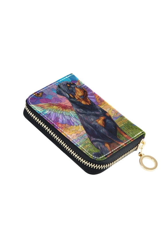 Leather Card Holder Wallet with Zipper RFID Blocking 9 Card Slots 2 Coin Pockets Compact Pocket Size Rottweiler Dog