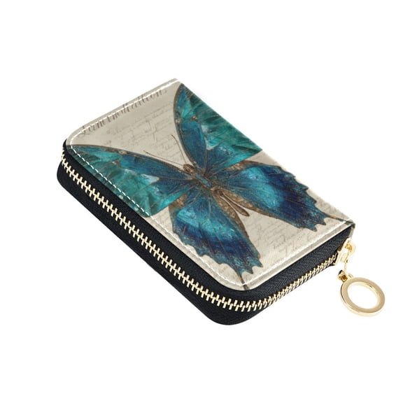 Leather Card Holder Wallet with Zipper RFID Blocking 9 Card Slots 2 Coin Pockets Compact Pocket Size Royal Blue Butterfly