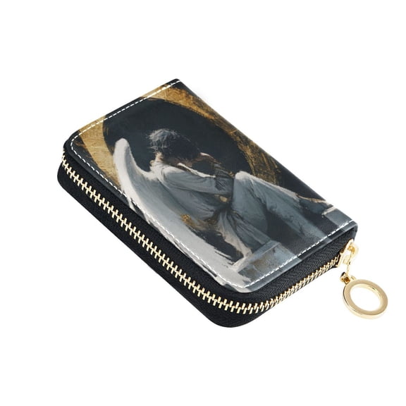 Leather Card Holder Wallet with Zipper RFID Blocking 9 Card Slots 2 Coin Pockets Compact Pocket Size Sad Angel