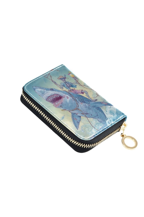 Leather Card Holder Wallet with Zipper RFID Blocking 9 Card Slots 2 Coin Pockets Compact Pocket Size Skull Shark