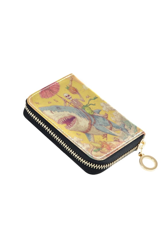 Leather Card Holder Wallet with Zipper RFID Blocking 9 Card Slots 2 Coin Pockets Compact Pocket Size Skull Surfing