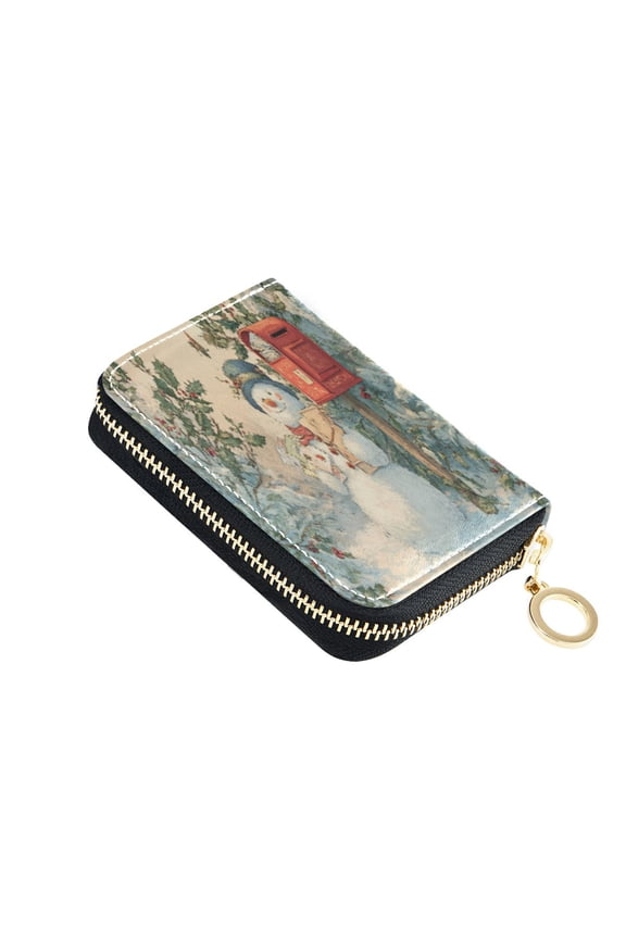 Leather Card Holder Wallet with Zipper RFID Blocking 9 Card Slots 2 Coin Pockets Compact Pocket Size Snowman Postman