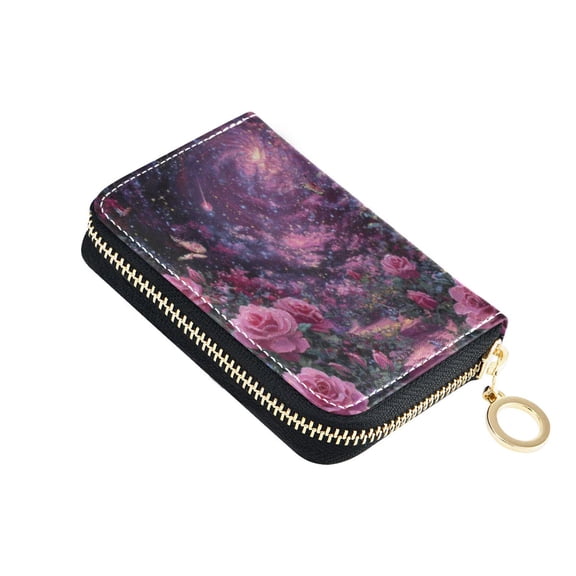 Leather Card Holder Wallet with Zipper RFID Blocking 9 Card Slots 2 Coin Pockets Compact Pocket Size Star River Rose