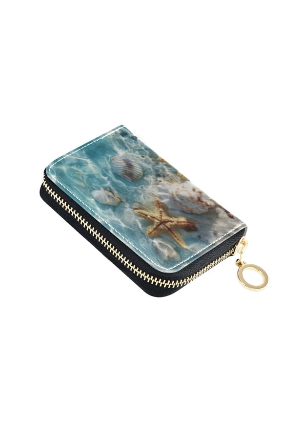 Leather Card Holder Wallet with Zipper RFID Blocking 9 Card Slots 2 Coin Pockets Compact Pocket Size Starfish Seashell on Beach