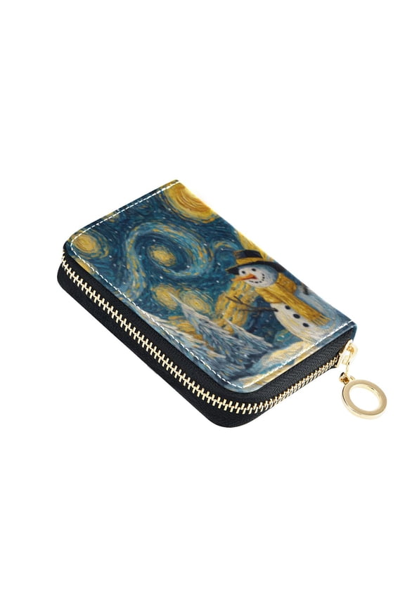 Leather Card Holder Wallet with Zipper RFID Blocking 9 Card Slots 2 Coin Pockets Compact Pocket Size Starry Night Snowman