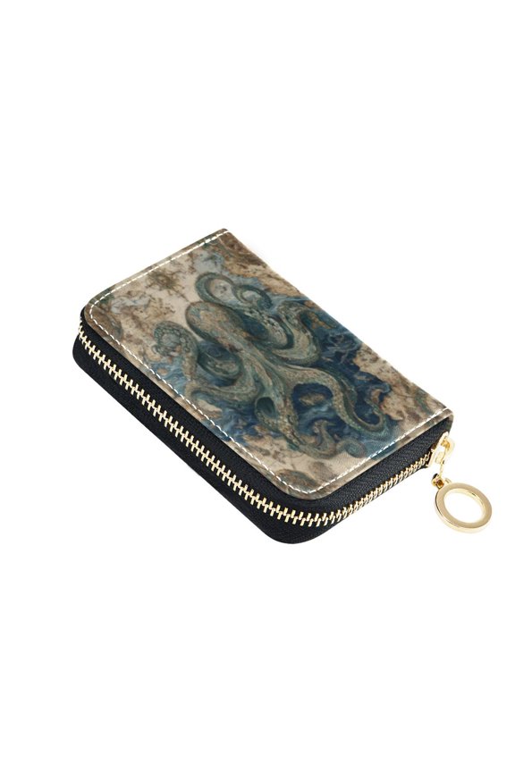 Leather Card Holder Wallet with Zipper RFID Blocking 9 Card Slots 2 Coin Pockets Compact Pocket Size Steam Octopus