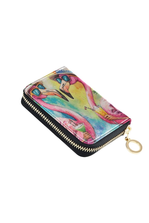 Leather Card Holder Wallet with Zipper RFID Blocking 9 Card Slots 2 Coin Pockets Compact Pocket Size Summer Flamingos