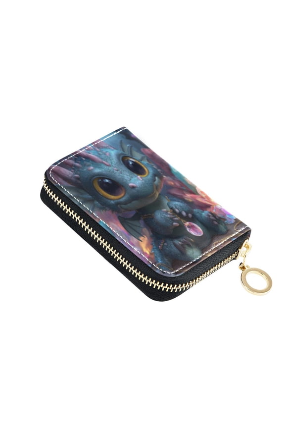 Leather Card Holder Wallet with Zipper RFID Blocking 9 Card Slots 2 Coin Pockets Compact Pocket Size Super Cute Dragon
